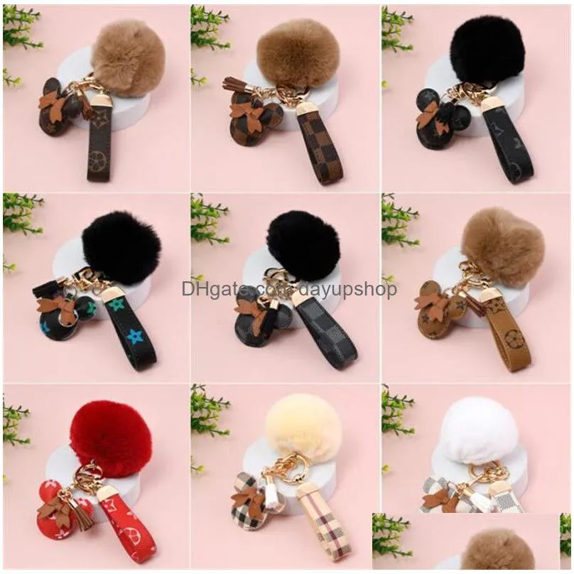 designer keychain bear mouse head leather fur ball pendant key chain bow car pendant metal fashion personality creative cute