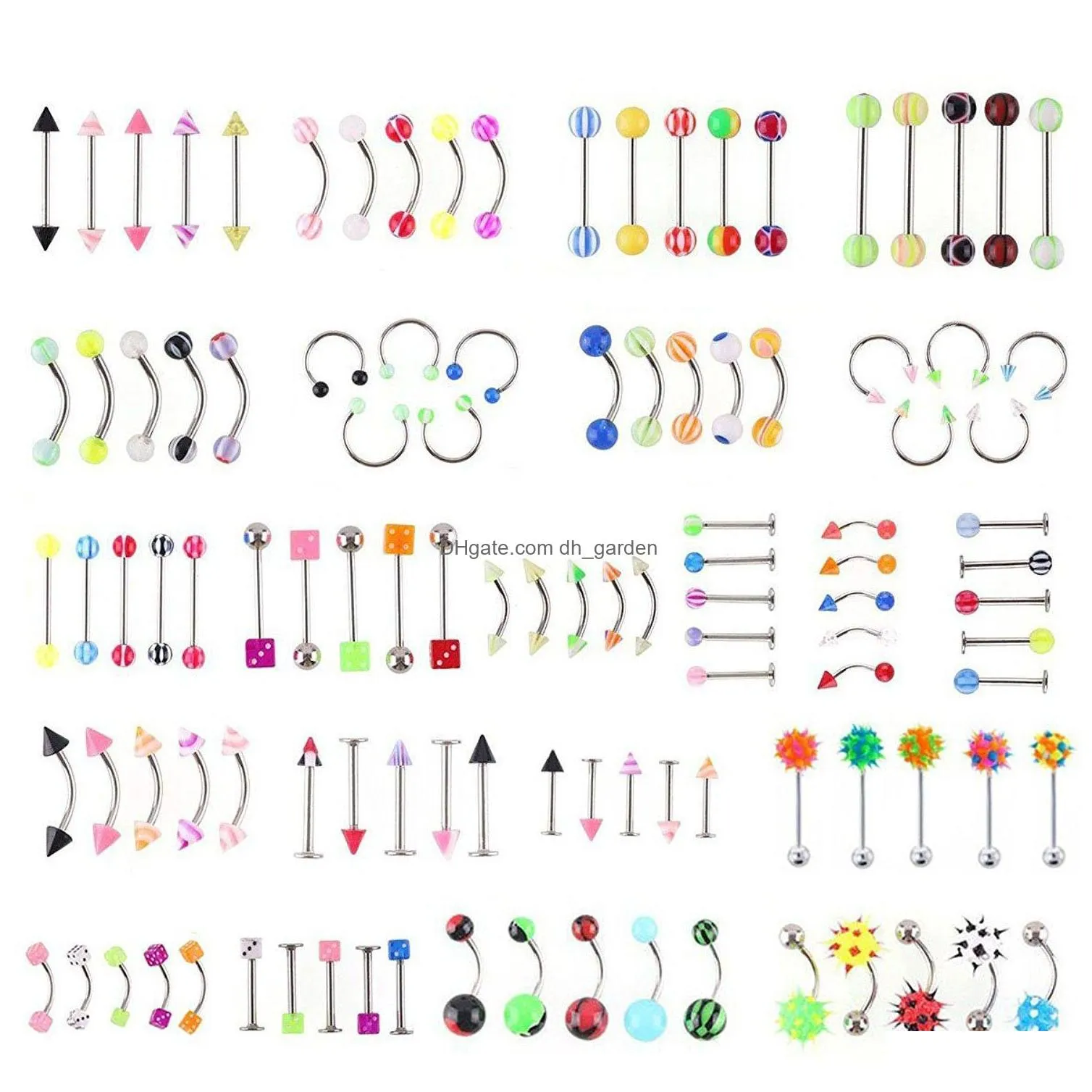 110pcs/pack fashion piercing set eyebrow bar lip nostril piercing stainless steel ear studs nose belly ring body jewelry