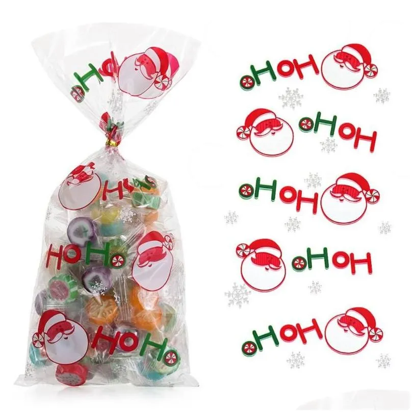 Christmas Decorations 50PCS Merry Candy Bags Santa Claus Plastic Treat Bag Xmas Year Biscuit Gifts Box Decoration