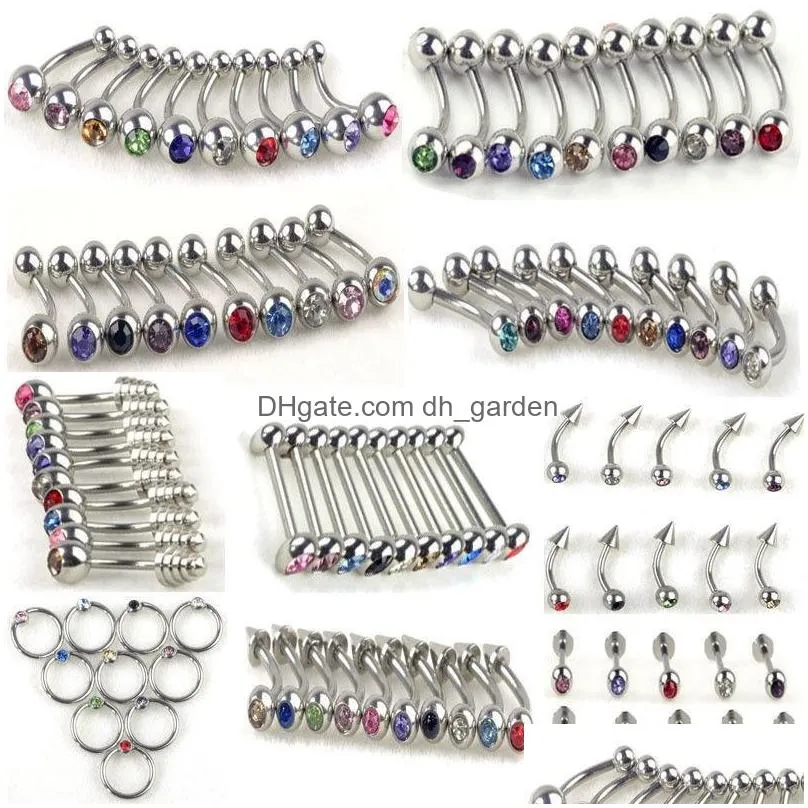 100pcs/lot 10 styles crystal rhinestone navel nose ring ear stud belly tongue lip body piercing plug tunnel jewelry whole