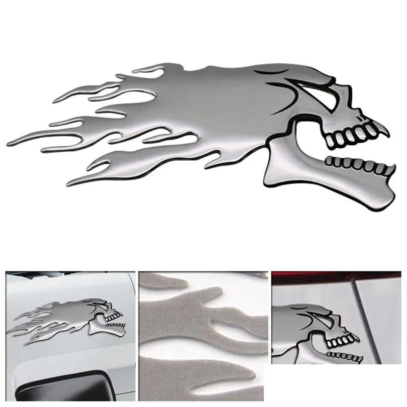 2pcs/pair 3d chrome ghost fire skull head auto motorcycle car sticker emblem decals for haley honda kawasaki suzuki