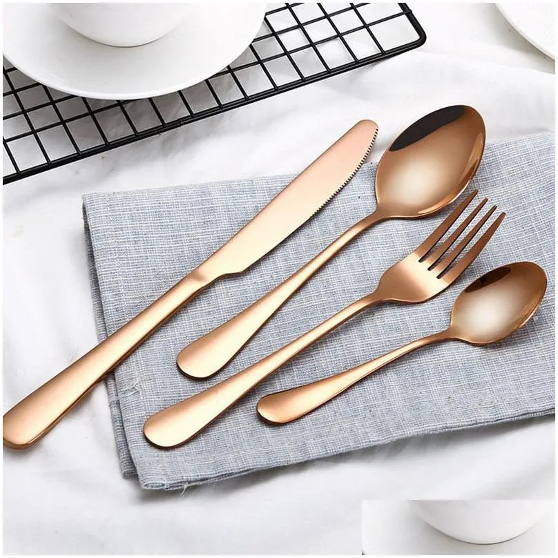 4pcs/set Stainless Steel Stableware Set Knife Fork Spoon Set Flatware Sets Gold Rainbow Drop Ship