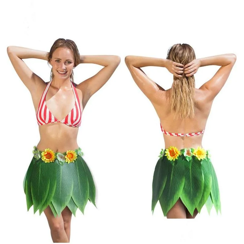 Hawaiian Grass Skirts Artificial Silk Green Leaves Hula Skirt Costume Patry Decorations Children Kids & Adult Hula Show Skirt Dance