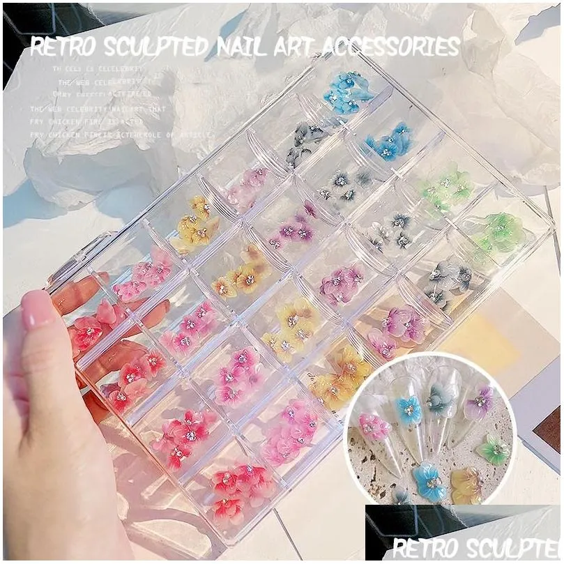 Nail Art Decorations 120pcs Acrylic Flower 3D Charm Hand-made 24 Colors Rhinestone Daisy Rose Petals Set 120