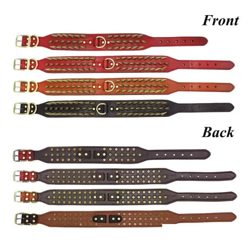 Dog Collars & Leashes 2`` Width Leather Collar Durable For Big Dogs Sharp Spikes Studded Medium Large Pet Pitbull German ShepherdDog