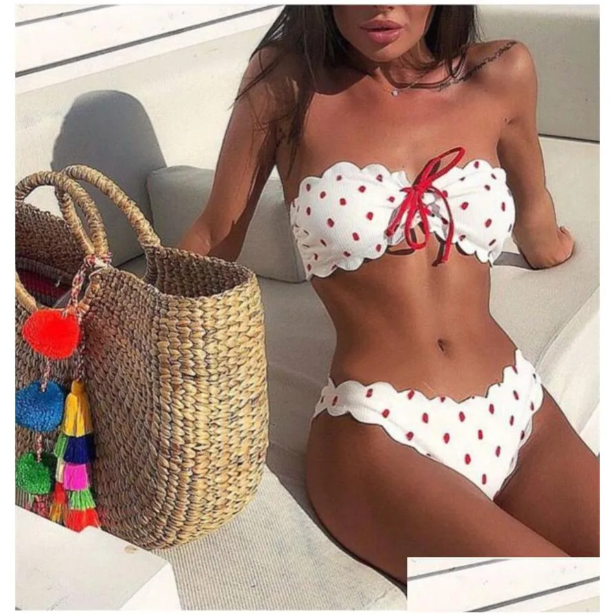 Ribbed Bandeau Bikini Set Lace Up Swimsuit Scalloped Swimwear 2019 Push Up Biquini Dots Tube Bandage Swimming Suit For Women11