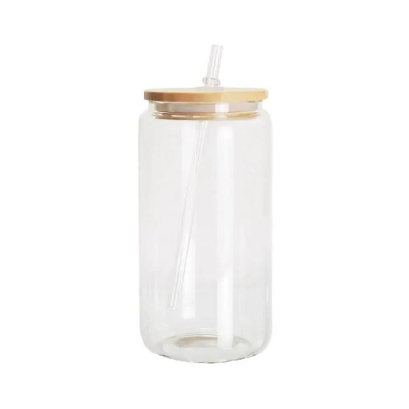 sublimation 16oz water bottles with bamboo lid reusable straw beer can transparent frosted glass tumbler soda can cup