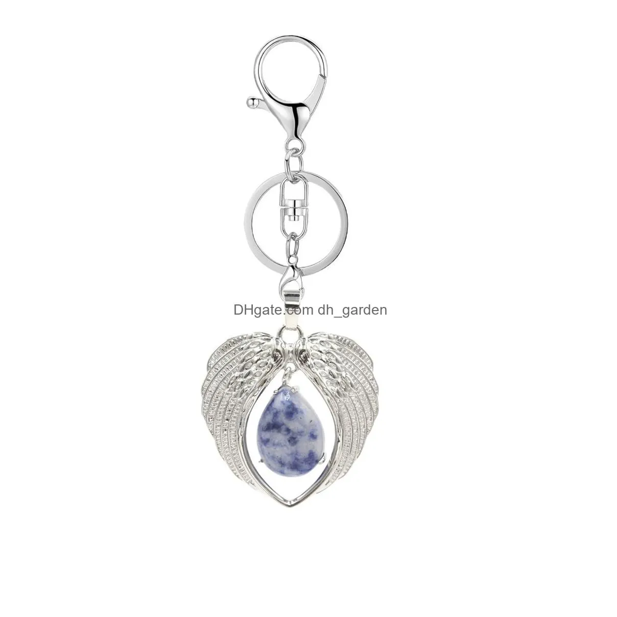 raw crystals healing stones keychain custom alloy wings love shape droplet amethyst rose quartz gemstone keychain