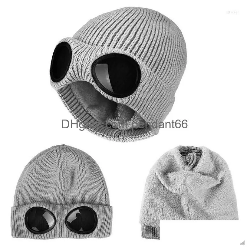 beanies 2022 winter glasses hat cp ribbed knit lens beanie street hip hop knitted thick fleece warm for women men