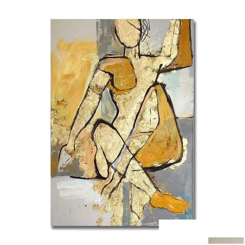 paintings abstract golden woman oil painting handmade on canvas modern nordic figure wall art for living room home decor