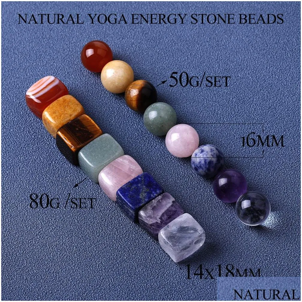 Square Round 7 Chakra Yoga Polished Energy Natural Stone Set Tiger Eye Agate Amethyst Crystals Healing Gravel Rough Stones Arts Crafts Home
