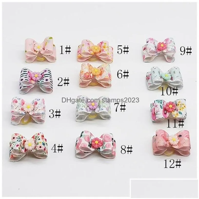 dog apparel pet headdress color printing tropical rain forest summer flower bow hair band grooming drop delivery home garden supplies