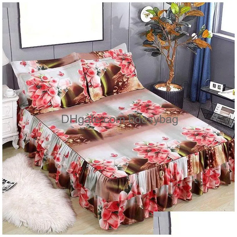 bed skirt 1pc + 2pcs pillowcase bedding set sanding soft bedspread king queen size double layer