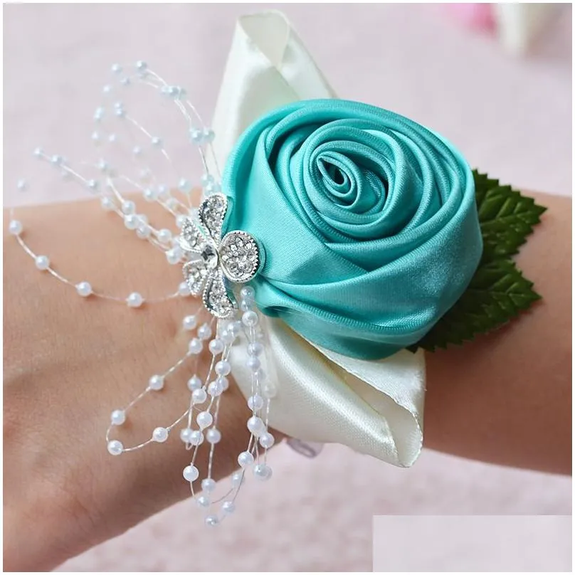 Rose Pearl Wrist Corsage Bridesmaid Hand Flowers Artificial Bride Flowers For Wedding Party Decoration Bridal Prom S6076