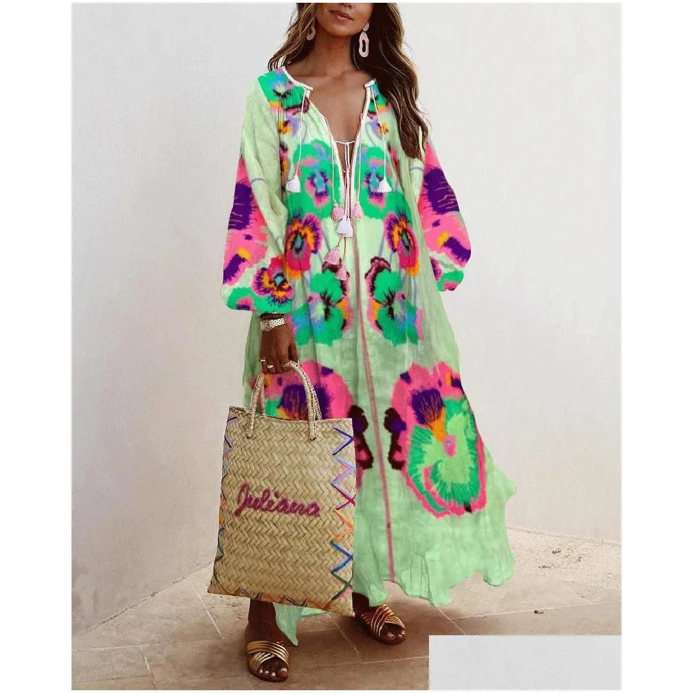 Casual Dresses Dress Women Floral Print Tassel Large Size Puff Sleeve Deep V Collar Style Long Length 2022 Summer Fashion HC2591