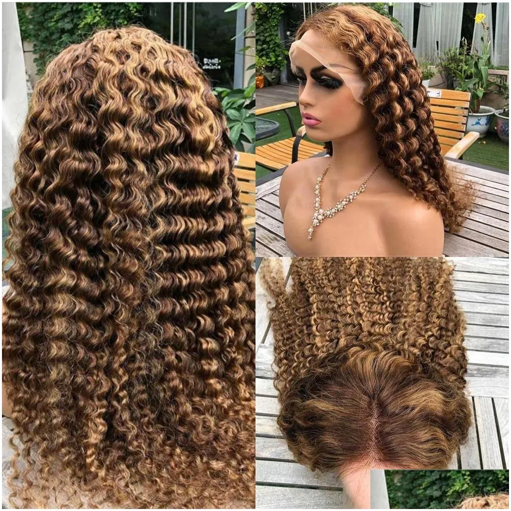 honey blonde deep curly lace front wig for black women brazilian human hair highlight curly 13x4 frontal wig hd transparent synthetic