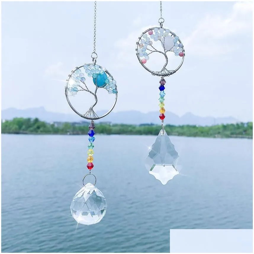 Tree of Life 7 Chakra Crystal Ball Window Wall Hanging Pendant Chandelier Wedding home Decor Christmas Prism Ornaments