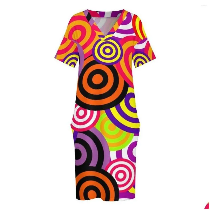 Plus Size Dresses Vintage 70S Dress Colorful Circles Print Aesthetic Casual Women Summer Short Sleeve Retro Birthday Gift