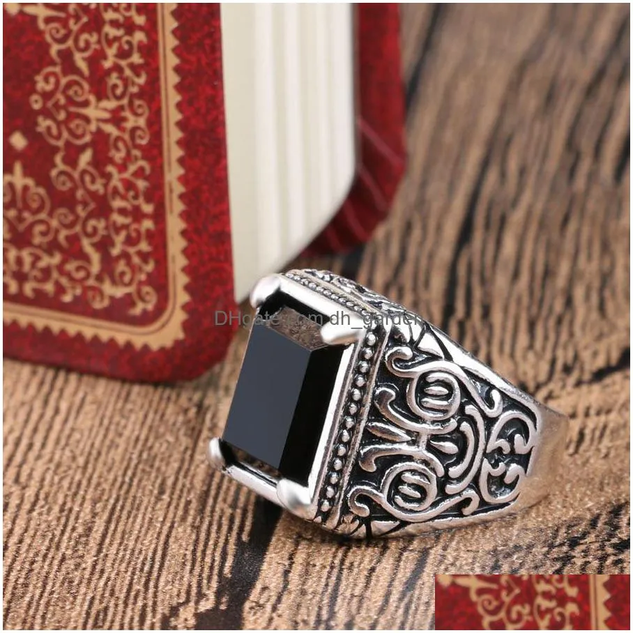 kinel rings mens filled tibetan silver black stone resin wedding ring for men big size 11 vintage jewelry whole