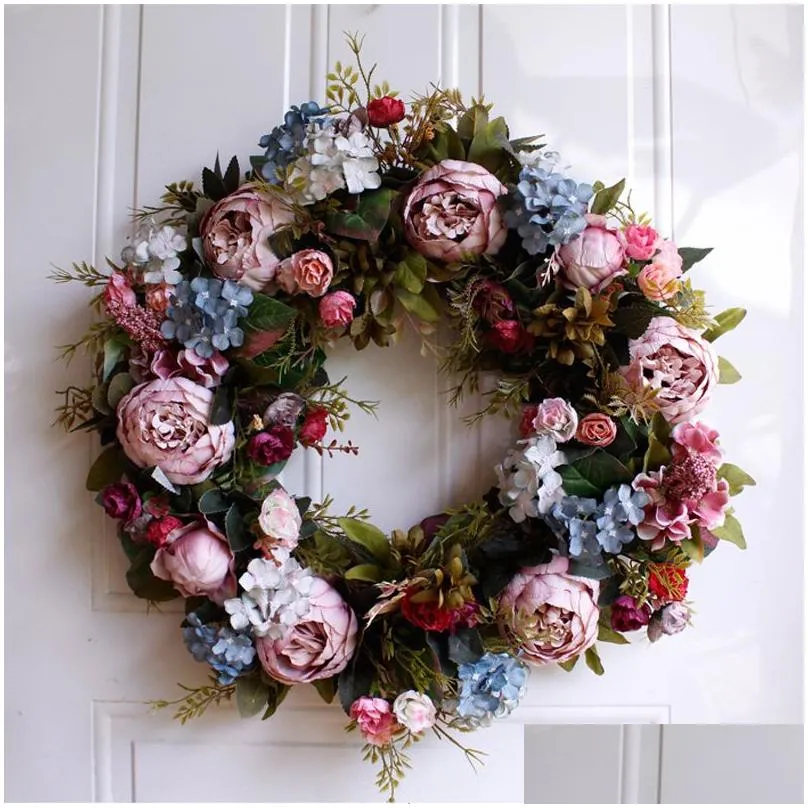 53cm Door Wreath Large Garland Artificial Flower Wreath Wall Hanging Door Decoration Home Decoration Farmhouse Deocr Hawaiian