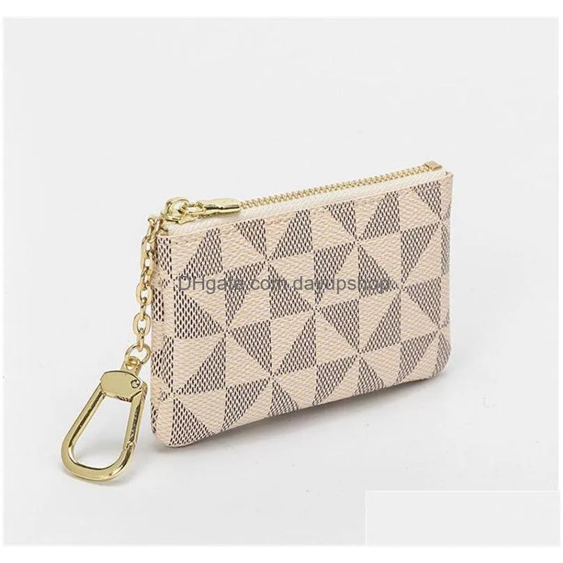 coin pouches keychains car key chains rings holder pu leather zipper bag black triangle plaid brown flower pendant design keyrings for men women fashion