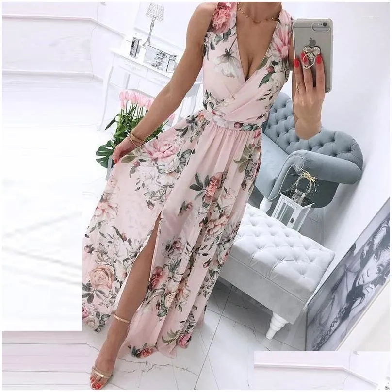 Casual Dresses Chiffon Summer Deep V-neck Sleeveless Beach Dress Elegant Split Long Skirt Retro Floral Print Vestido