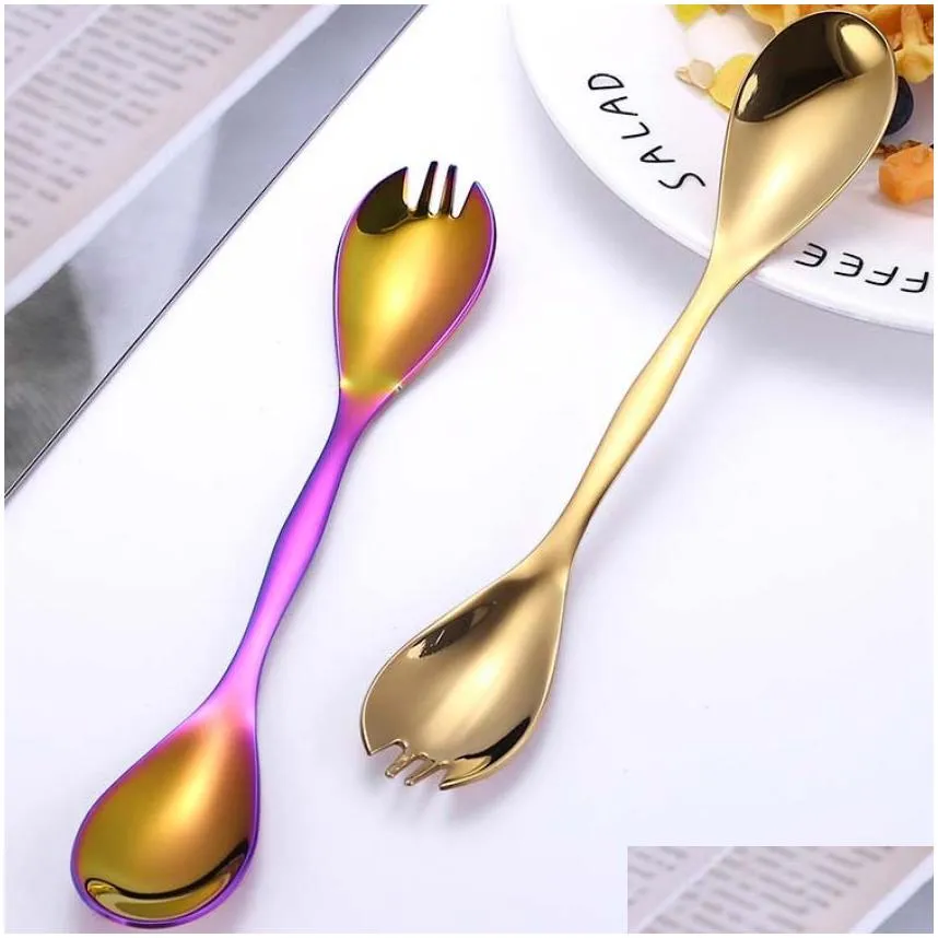 Stainless Steel Multifunction Double Head Spoon Fork Home Kitchen Dining Flatware Noodles Ice Cream Dessert Spoons Forks Cutlery Tool