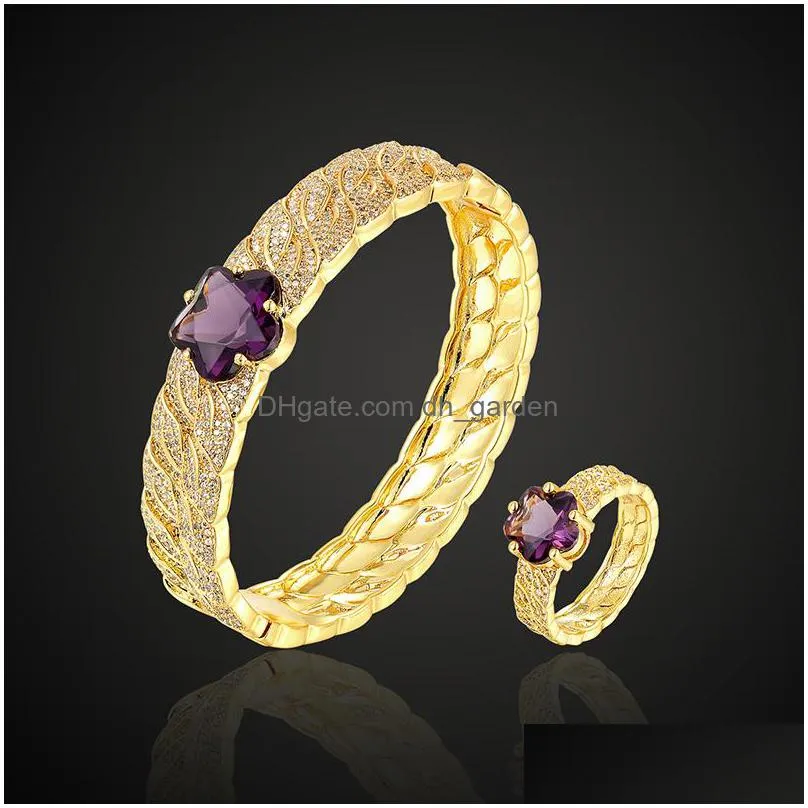 lanruisha brand luxury flower classic bangle with ring jewelry set color stone 3a cubic zircon micro pave setting bracelet