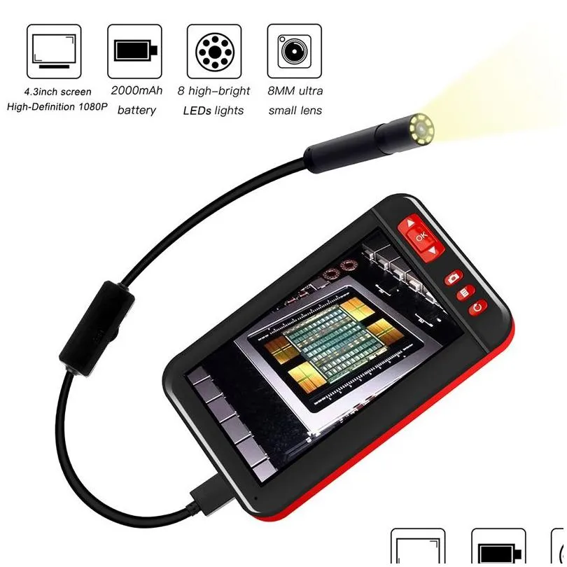 4.3 inch industrial endoscope borescope digital inspection cameras built-in 8pcs leds 8mm lens high-definition 1080p display screen