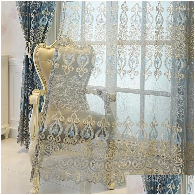 Curtain European Luxury Sheer Curtains For Bedroom Blue Floral Jacquard Romantic Patio Door Voile Panels Window Drapery