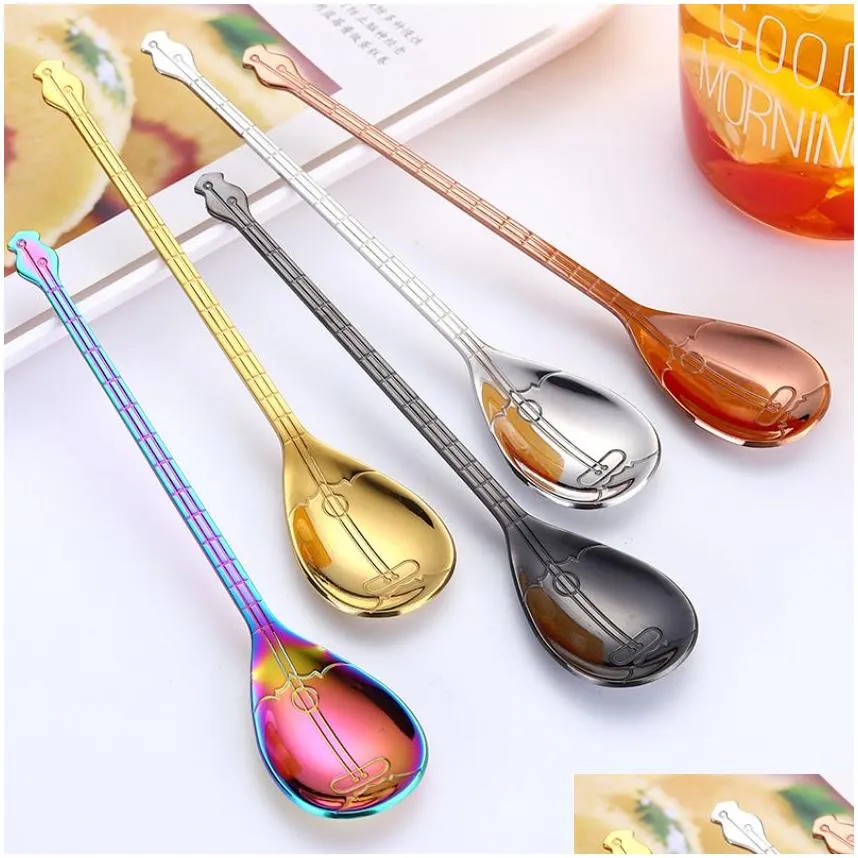 Kitchen Music Musical Instrument Coffee Spoon Guitar Stainless Steel Home Kitchen Dining Flatware Ice Cream Dessert Spoons Cutlery