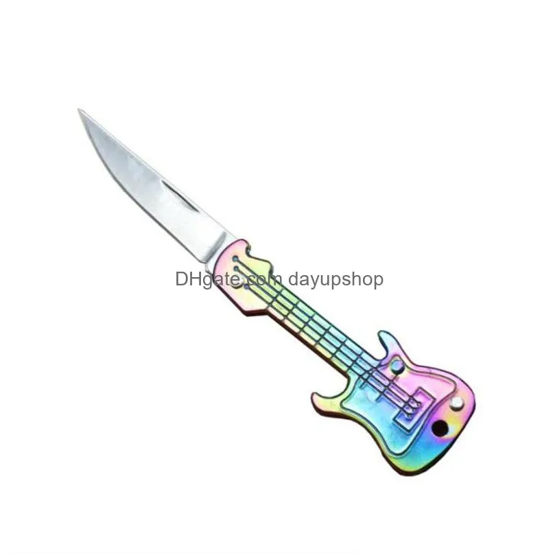 new guitar shape keychain knife mini folding knife outdoor camping hunting knives pocket fruit knife bag key pendant edc utility tools self defense