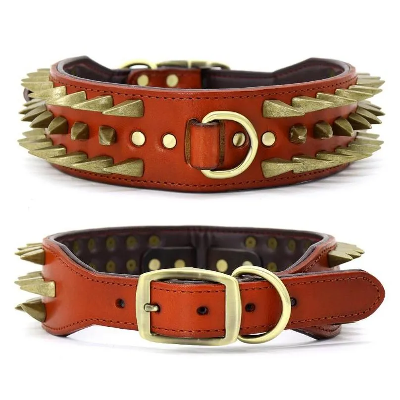 Dog Collars & Leashes 2`` Width Leather Collar Durable For Big Dogs Sharp Spikes Studded Medium Large Pet Pitbull German ShepherdDog