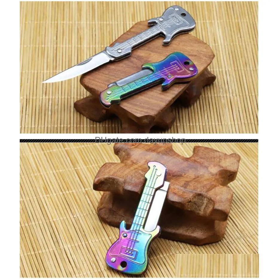 new guitar shape keychain knife mini folding knife outdoor camping hunting knives pocket fruit knife bag key pendant edc utility tools self defense