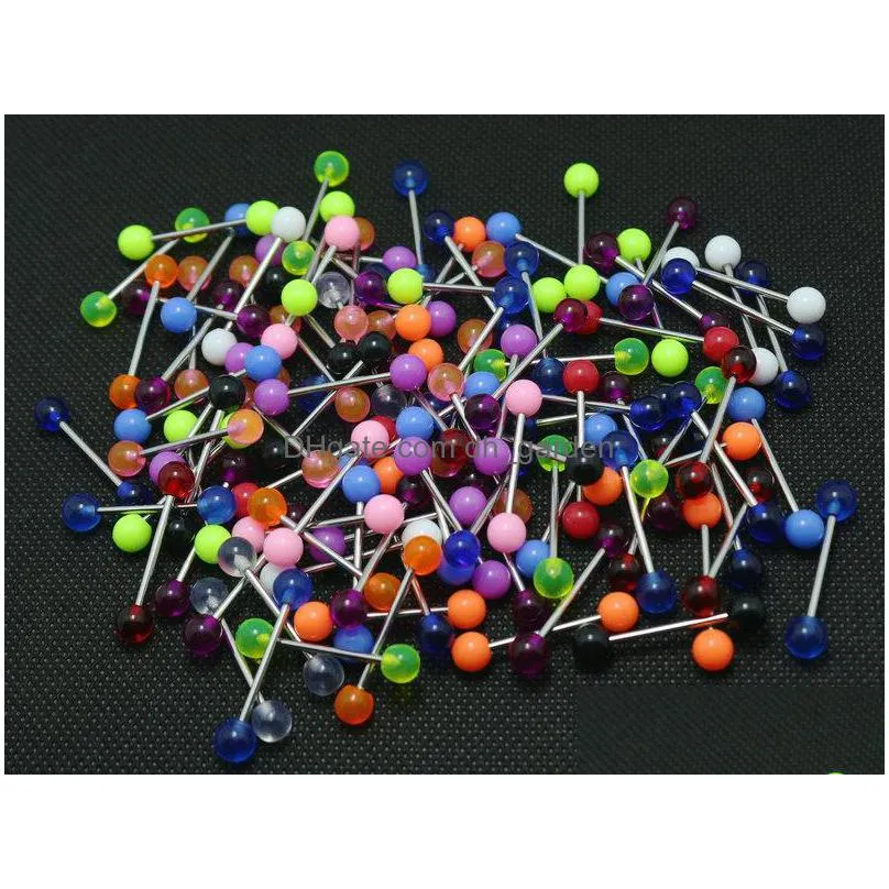 tongue rings mix colors 100pcs body piercing jewelry stainless steel barbell acrylic 6mm ball earring