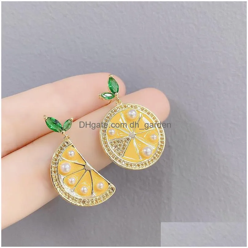 exquisite 14k gold plated lemon fruit stud for women luxury zircon cz leaves earrings gift