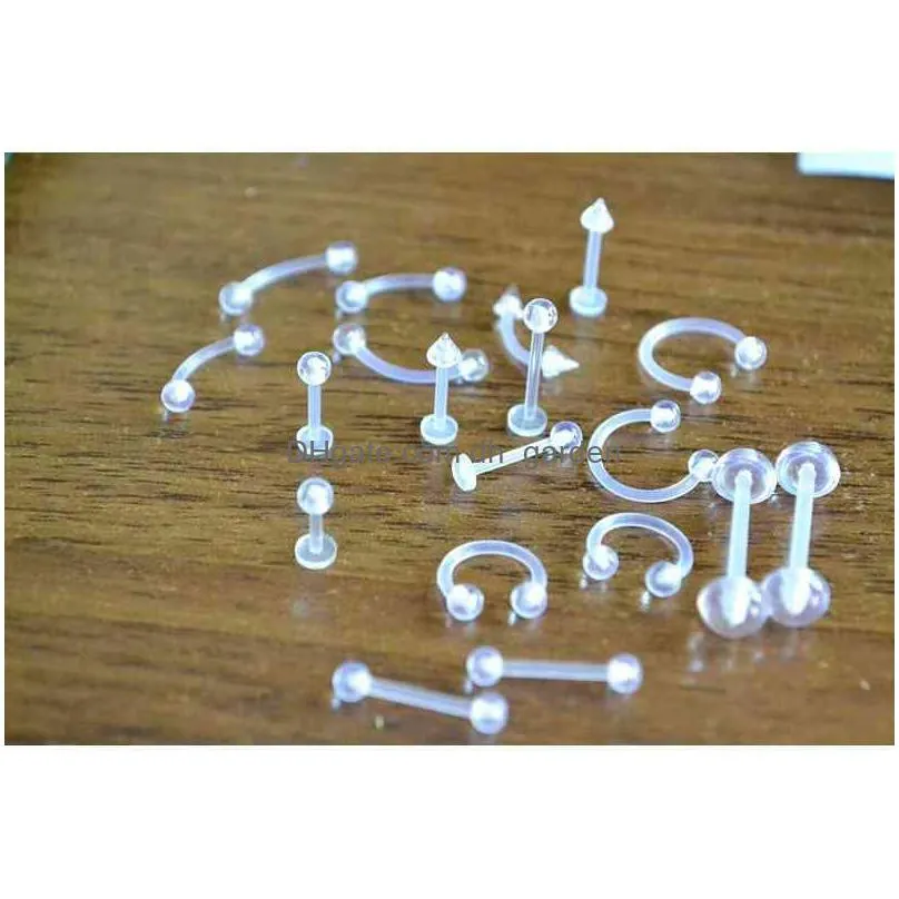 lot500pcs body jewelry-uv flexible retainer clearlip labret bar horseshoes ring ear helix lip piercing tongue barbell