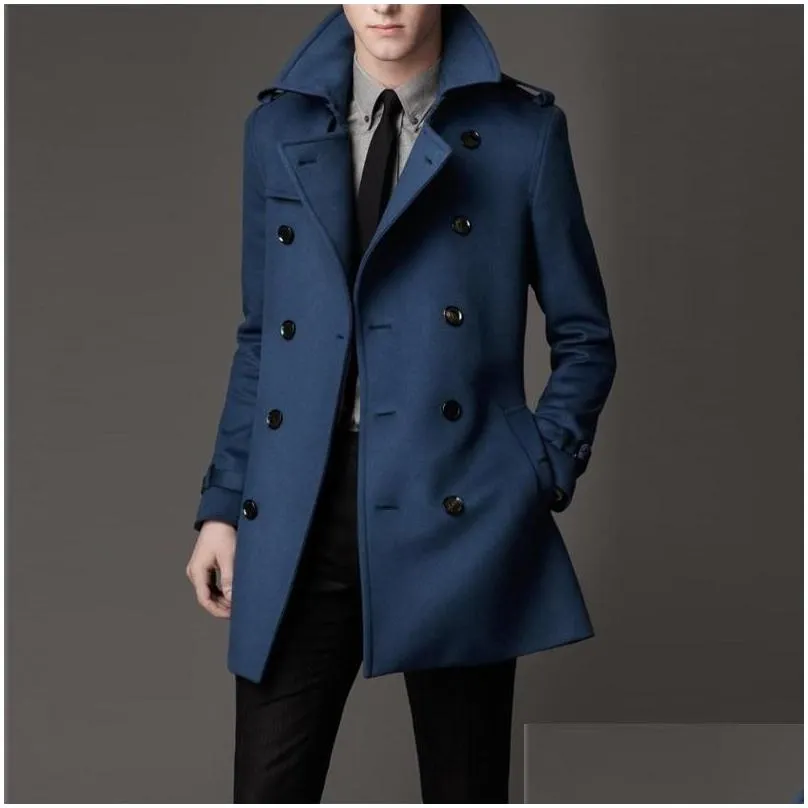 Men`s Wool & Blends Mens Fashion Double Breasted Mid Long Trench Coat Business Man Belted Slim Fit Woolen Military Windbreaker