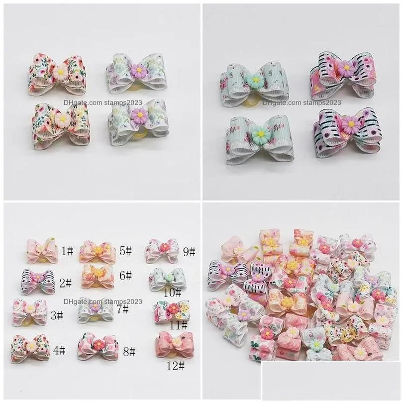 dog apparel pet headdress color printing tropical rain forest summer flower bow hair band grooming drop delivery home garden supplies
