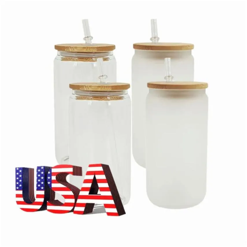 sublimation 16oz water bottles with bamboo lid reusable straw beer can transparent frosted glass tumbler soda can cup