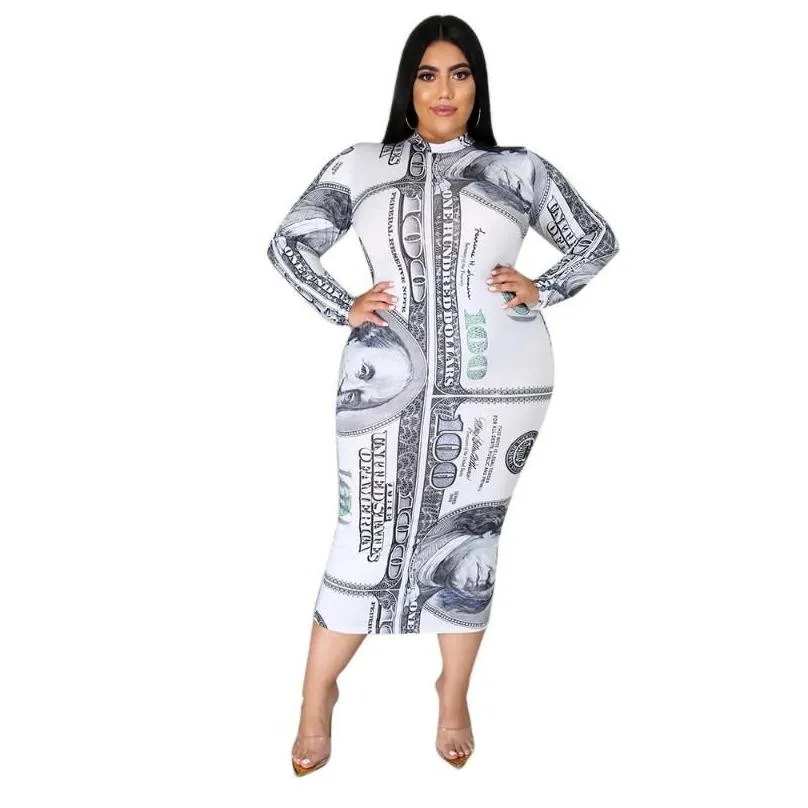 Plus Size Dresses ZJFZML ZZ Women Clothing Dress 2022 Money Dollar Print Long Sleeve Bodycon Mid Calf Drop Wholesale