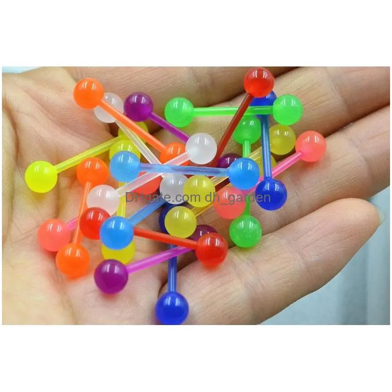 100pcs/lot glow in dark luminous fexible tongue ring bar nipple barbells body piercing jewelry 1.6x16x6/6mm