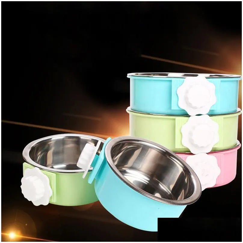 Stainless Steel Pet Dog Cat Bowls Lock on Cage Bowls Feed Drink Pet Supplies Dog Bowls Feeders drop ship