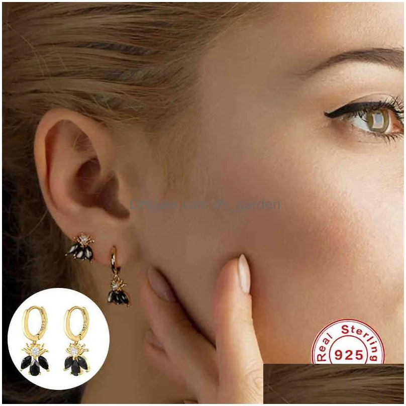 soild 925 sterling silver cute ins black bee zircon stud earrings for women hummingbird earring wedding fine jewerly