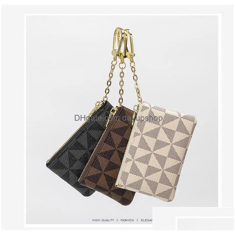 coin pouches keychains car key chains rings holder pu leather zipper bag black triangle plaid brown flower pendant design keyrings fashion accessories 7