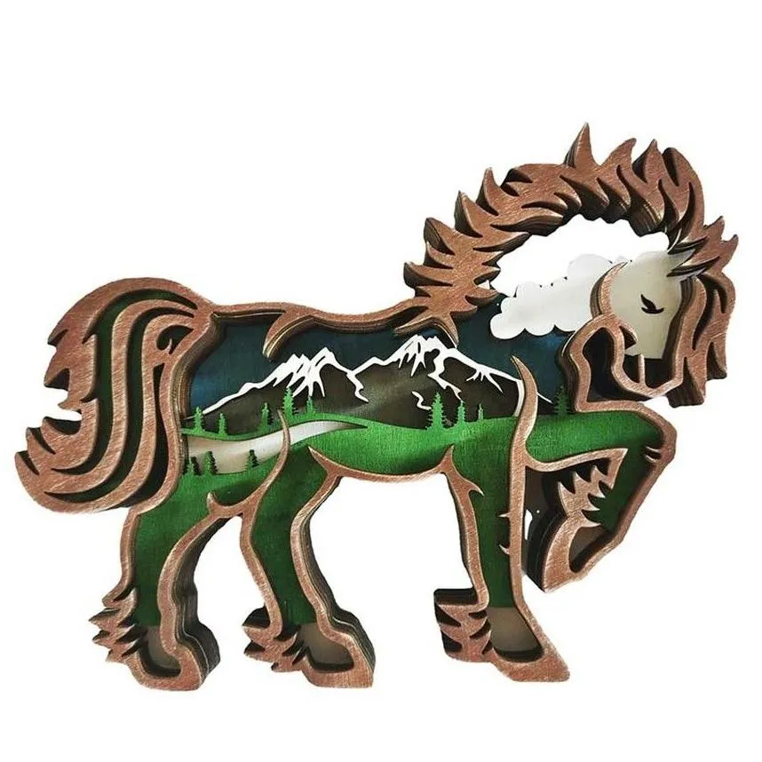 3D Horse Craft Laser Cut Wood Material Home Decor Gift Art Crafts Wild Forest Animal Table Decoration Horse Statues Ornaments Room