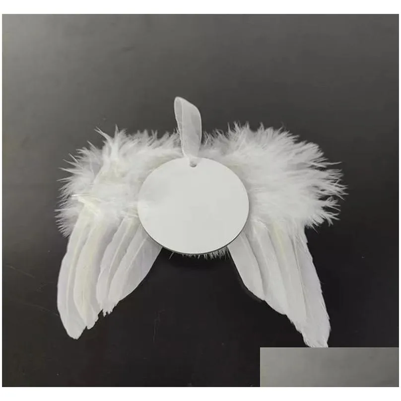 Sublimation Christmas Feather Pendant White Blank MDF Heat Transfer Christmas Decorations 2.8inch Round Heart Double Side For