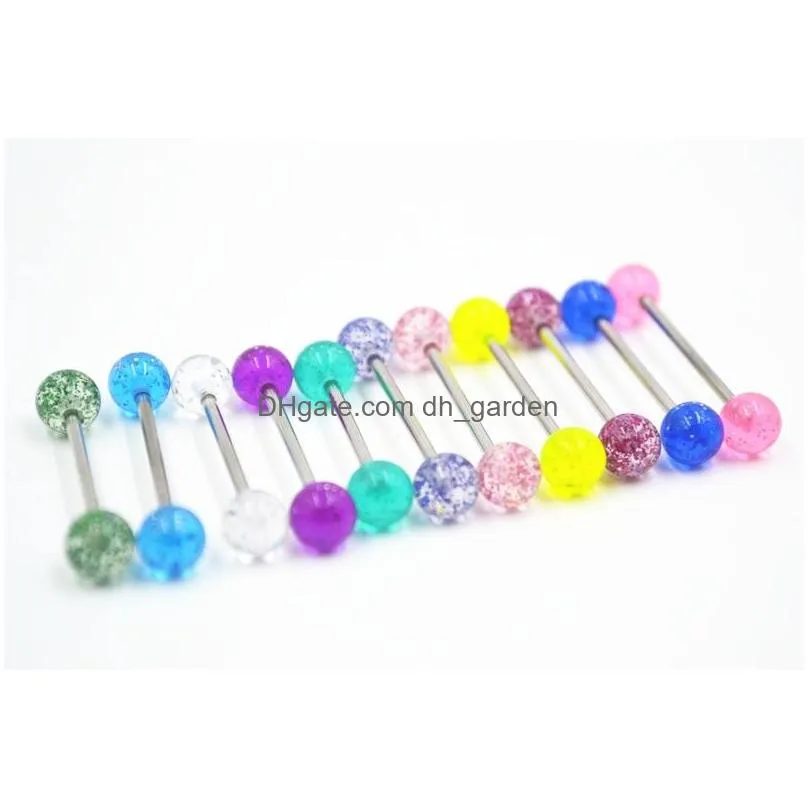 100pcs body jewelry piercing acrylic ball glitter tongue ring barbells nipple bar 14g~1.6mm mix colors