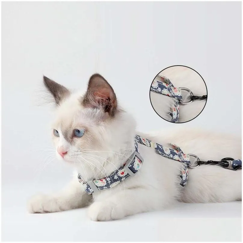 Flower Print Pet Cat Harness Leash Set Walking Cat Dog pets Collars Leads Safe Travel Cats Supplies Cat Collars Leads drop ship