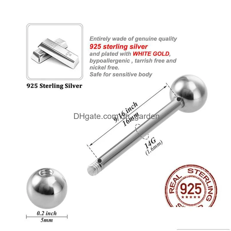 1pc 925 sterling silver round straight tongue barbell for women 16mm nipple rings 14g hypoallergenic piercing fine jewelry